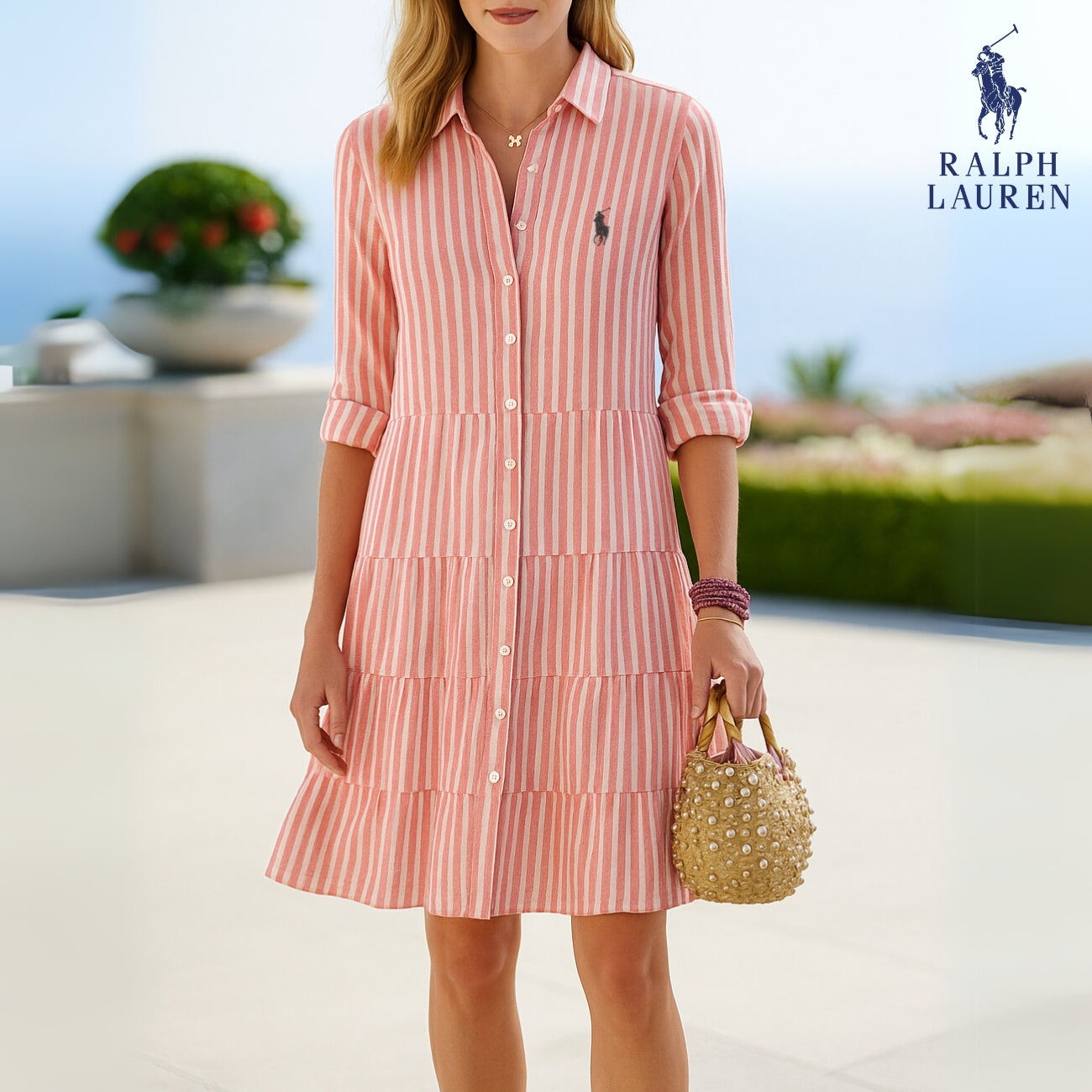 Gestreiftes Hemdblusenkleid von R. Ꮮаᴜгеn + Gratis R. Ꮮаᴜгеn Sonnenhut