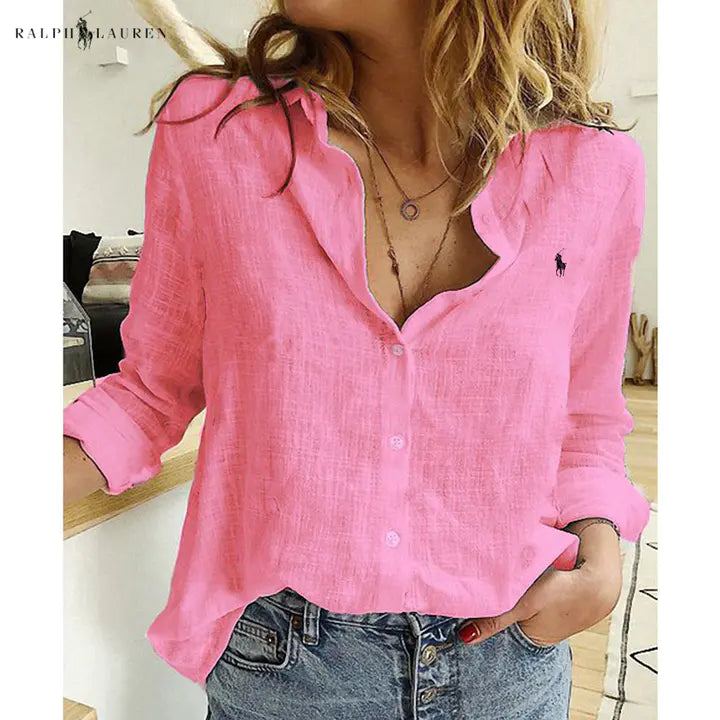 R. Ꮮаᴜгеn Leinenbluse mit Knopfleiste